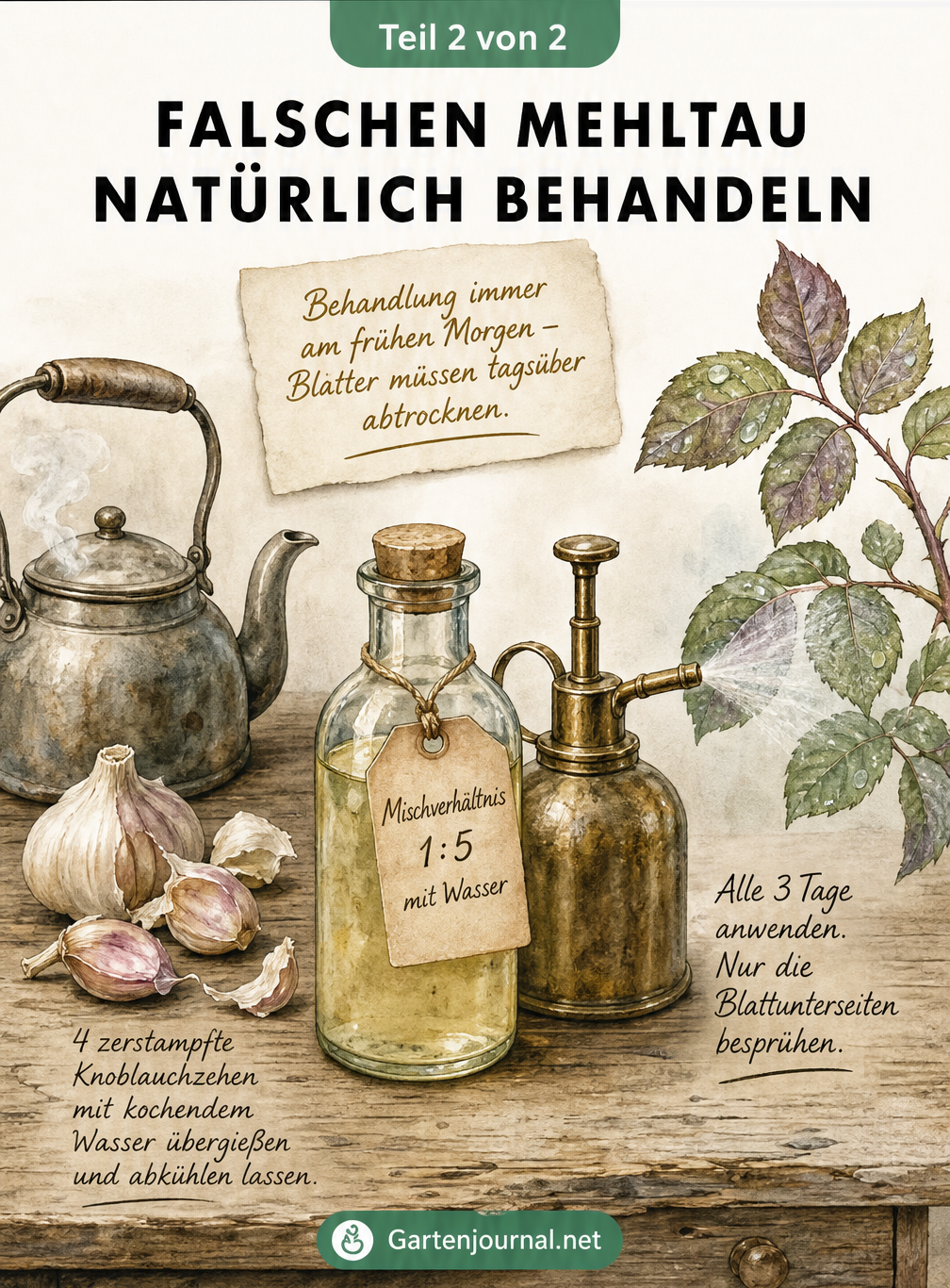 Rezept und Anwendung eines natürlichen Knoblauchsuds gegen falschen Mehltau an Rosen mit Sprühflasche