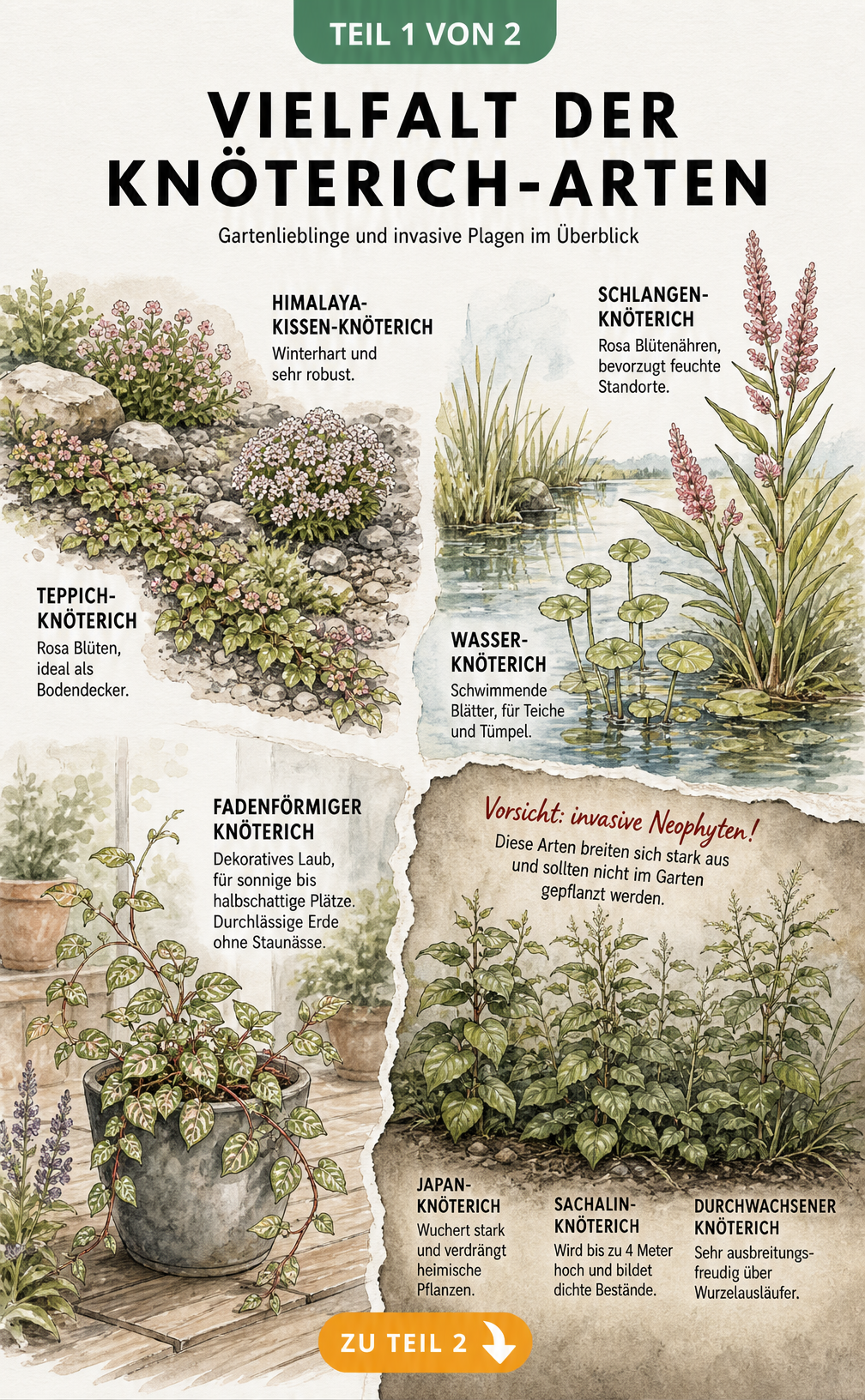 Aquarell-Illustration verschiedener Knöterich-Arten in ihren natürlichen Lebensräumen wie Steingarten, Teichrand und Pflanzkübel.