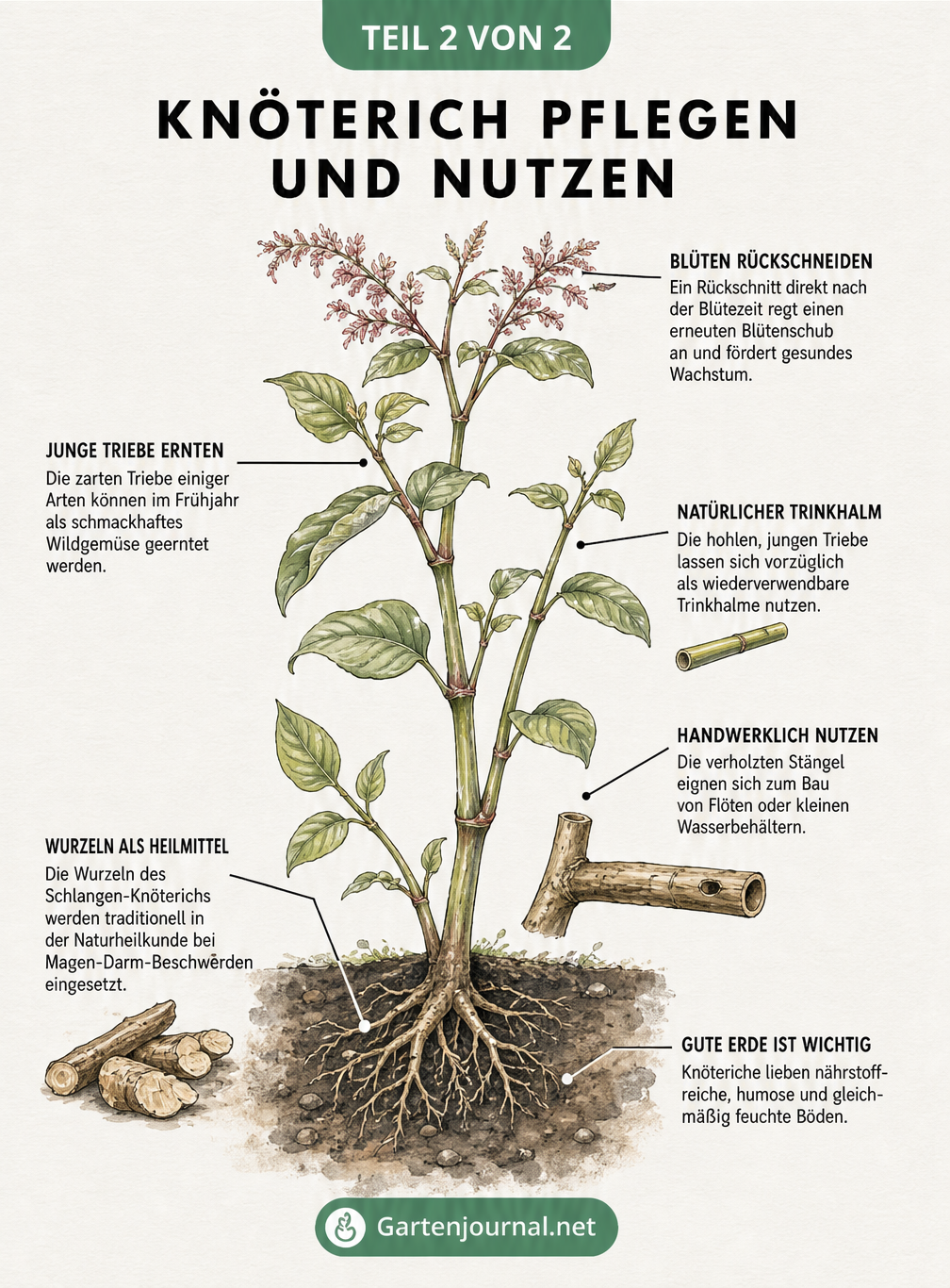 Detaillierte Fineliner-Zeichnung einer Knöterich-Pflanze mit Erklärungen zu Pflege, Rückschnitt und Nutzungsmöglichkeiten.