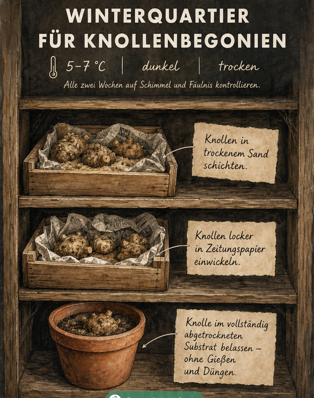 Illustration verschiedener Lagerungsmethoden für Knollenbegonien im Winterquartier