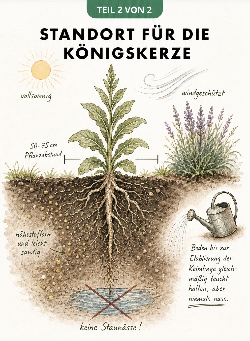 Querschnitt-Zeichnung eines Gartenbeets mit einer Königskerze, die den idealen sonnigen Standort und sandigen Boden zeigt