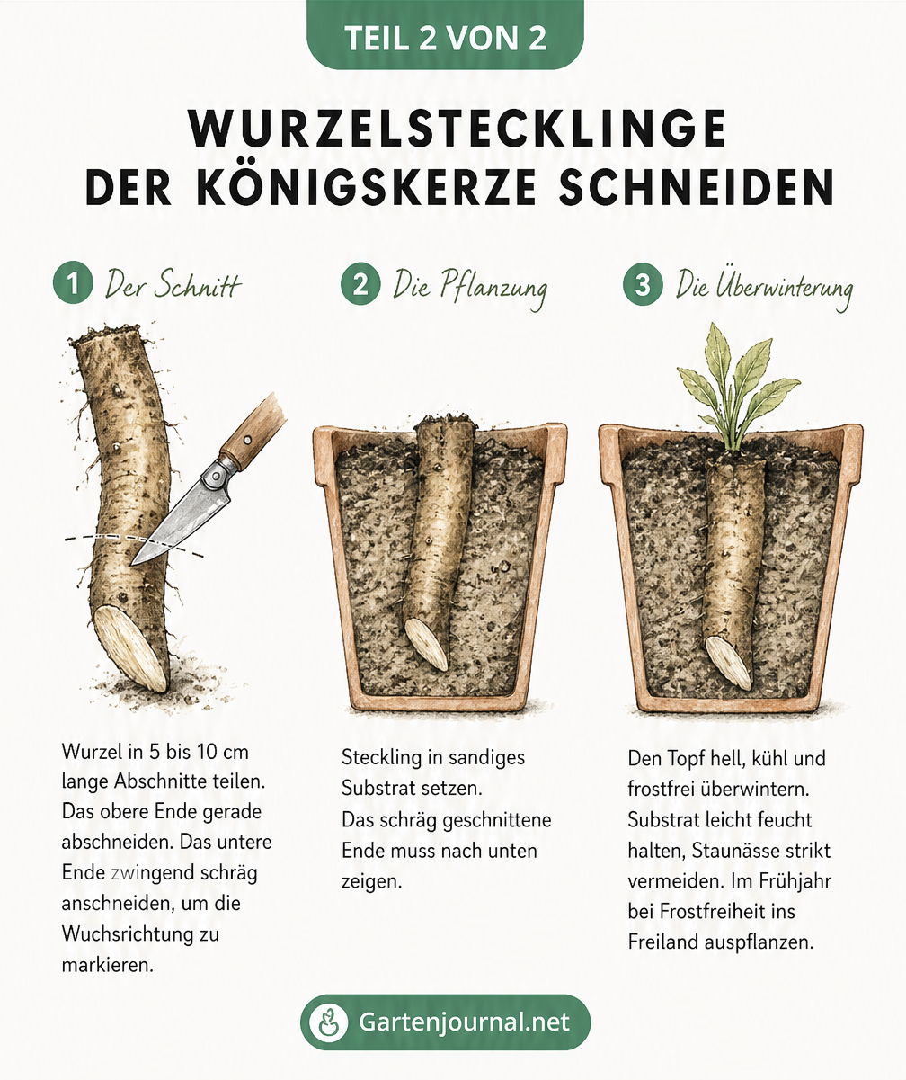 Skizze zur Vermehrung der Königskerze durch Wurzelstecklinge in drei Schritten: Schnitt, Pflanzung und Überwinterung