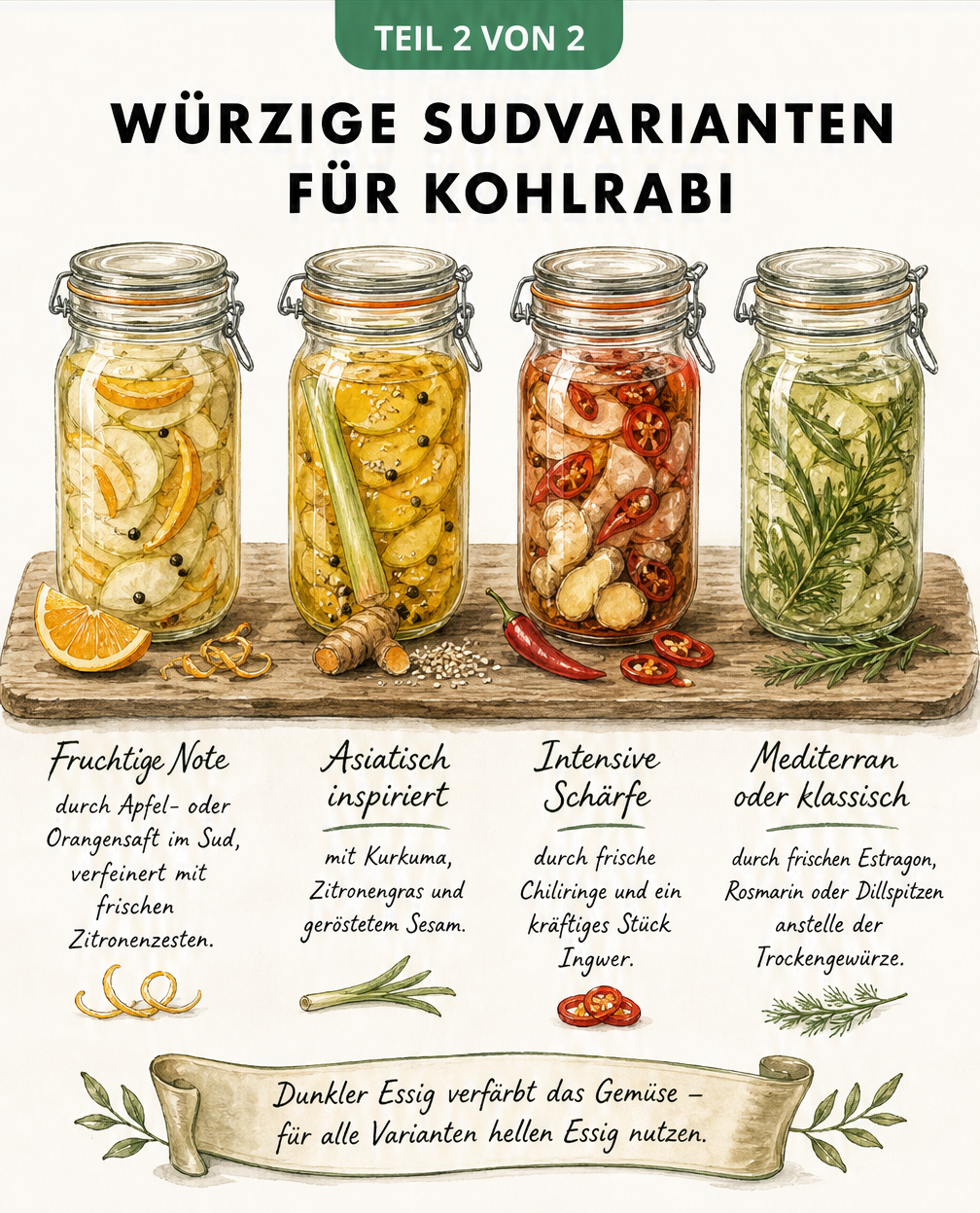 Vier Einmachgläser mit unterschiedlichen Sudvarianten für Kohlrabi: fruchtig, asiatisch, scharf und mediterran