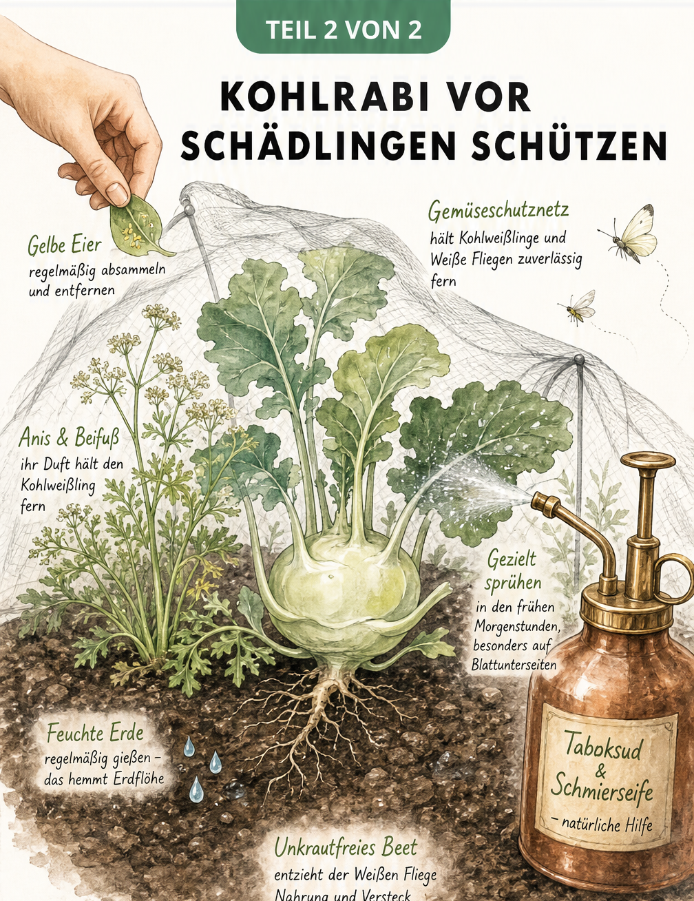 Aquarell-Illustration eines Kohlrabibeets mit Schutzmaßnahmen wie Gemüseschutznetz, Begleitpflanzen und natürlichen Sprühmitteln.