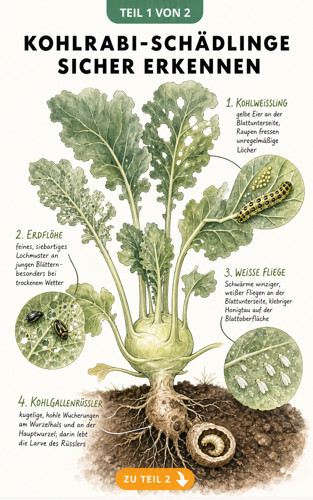Botanische Illustration einer Kohlrabipflanze im Querschnitt mit Schadbildern von Kohlweißling, Erdflöhen, Weißer Fliege und Kohlgallenrüssler.
