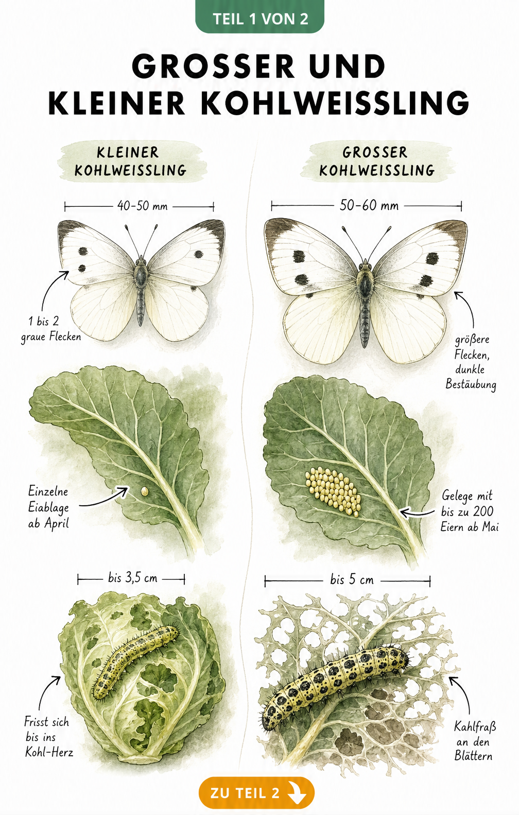 Botanische Illustration von Großem und Kleinem Kohlweißling mit Eiern und Raupen auf Kohlblättern