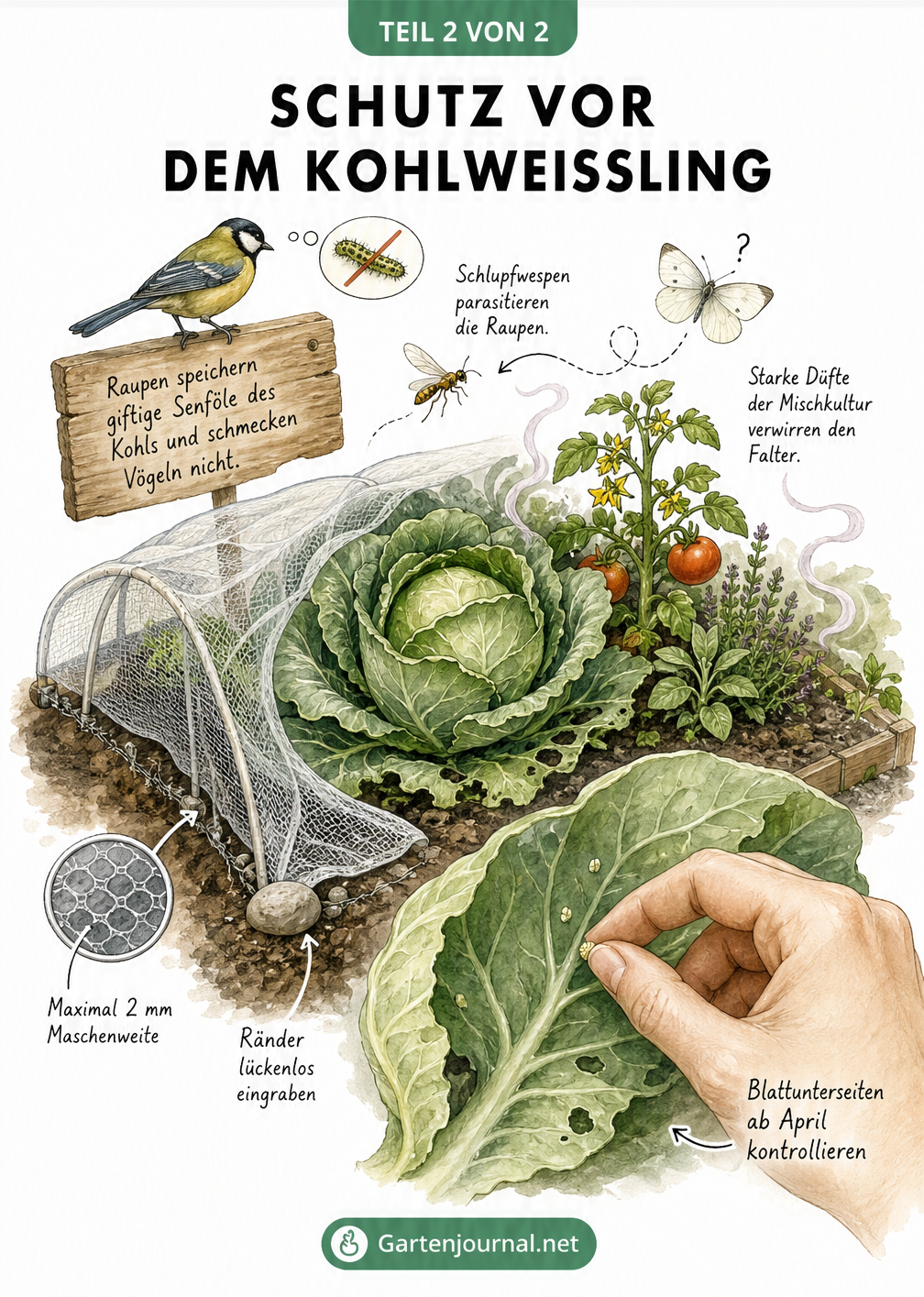 Illustration eines Gemüsebeets mit Kohl, Schutznetz, Mischkultur und Nützlingen gegen den Kohlweißling