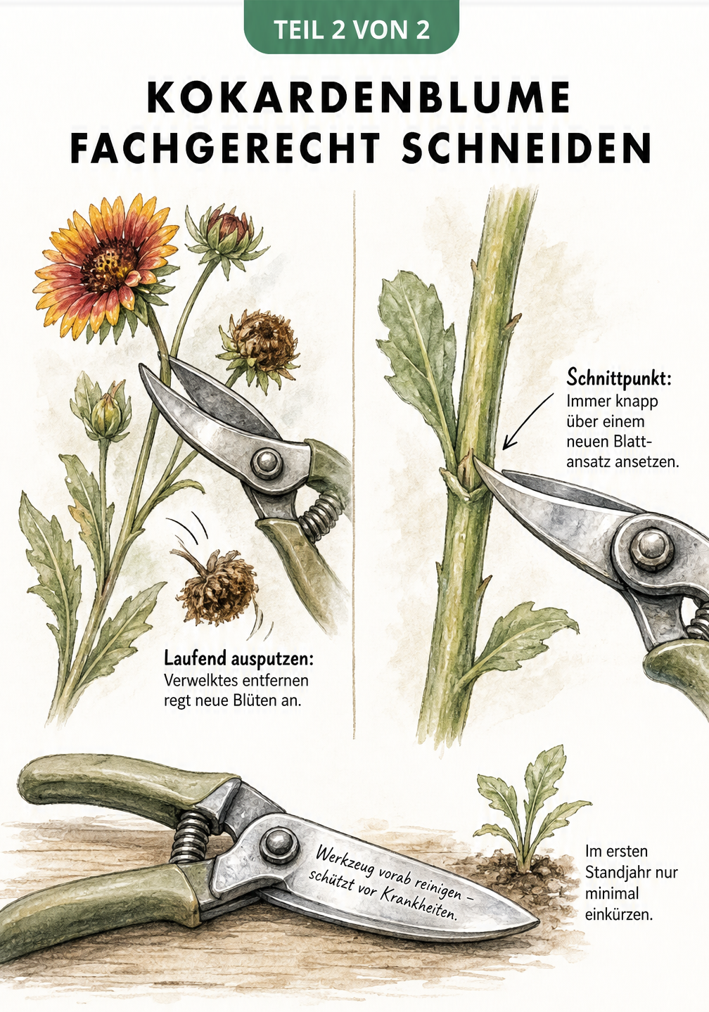 Zweigeteilte Illustration zum fachgerechten Schneiden der Kokardenblume im Sommer und Herbst