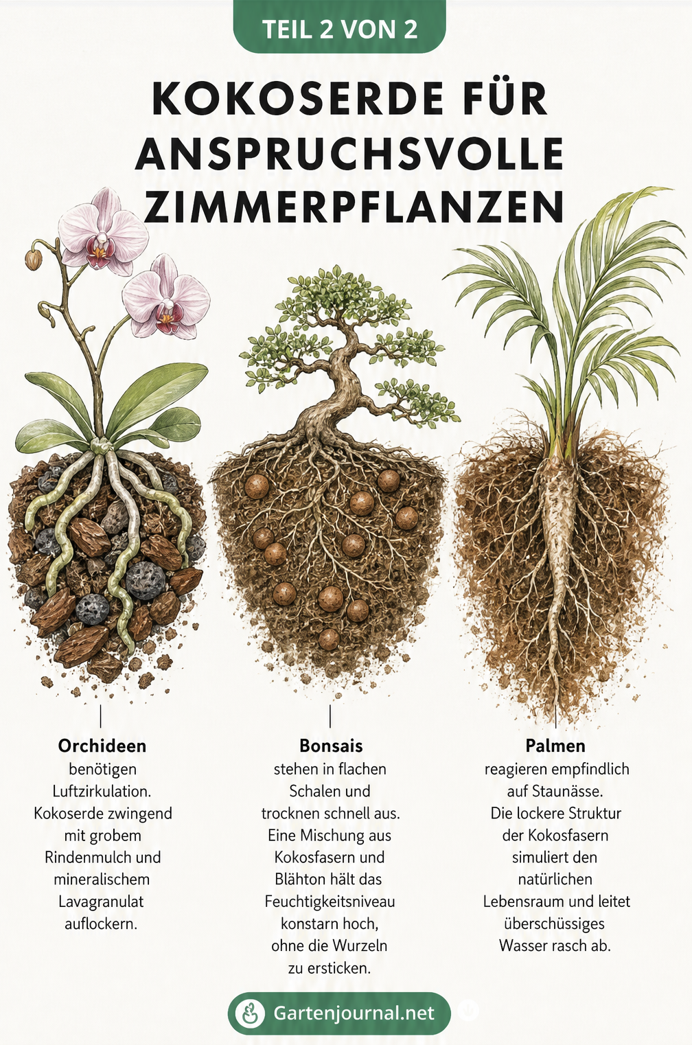 Drei detaillierte Wurzelsysteme von Orchidee, Bonsai und Palme in spezifischen Kokoserde-Mischungen mit Rindenmulch, Blähton und lockeren Fasern.