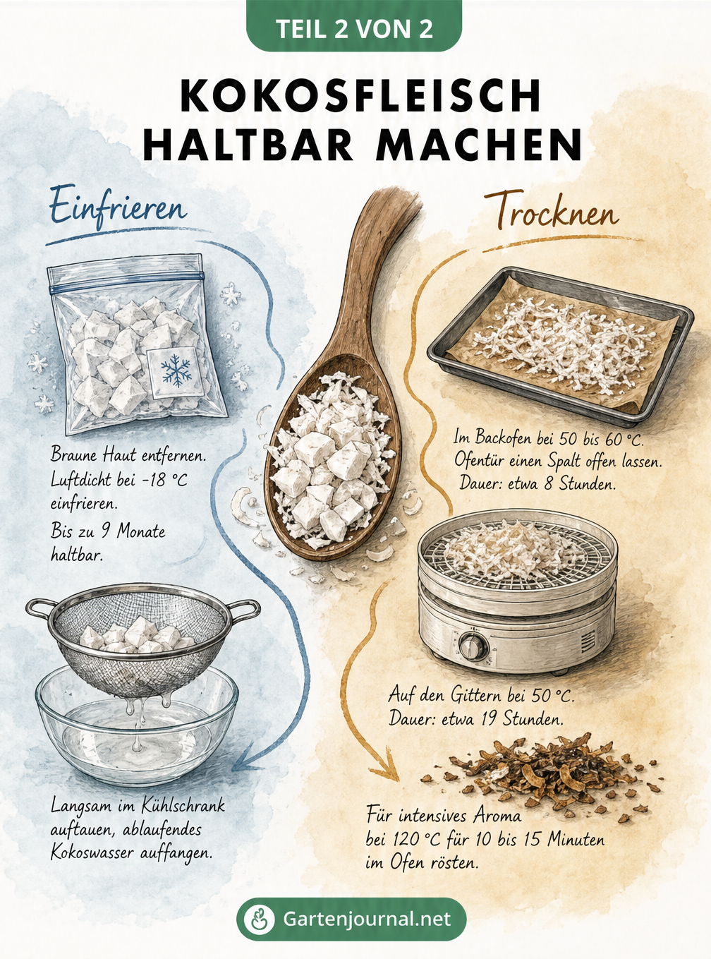 Illustration zum Haltbarmachen von Kokosfleisch durch Einfrieren und Trocknen