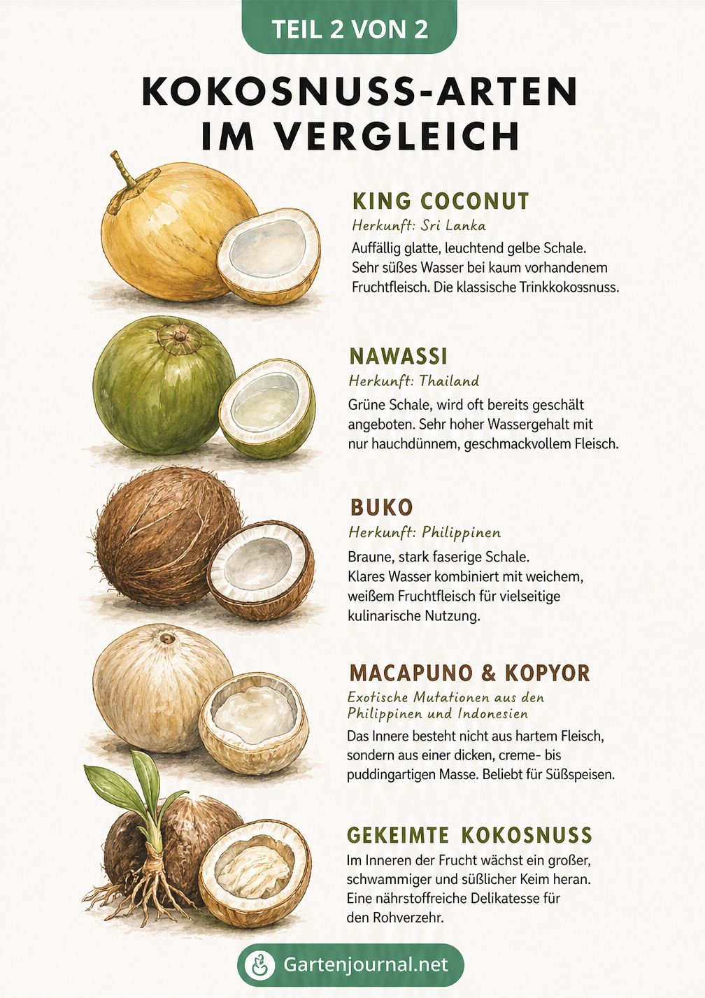 Übersicht verschiedener Kokosnuss-Arten wie King Coconut, Nawassi, Buko und Macapuno mit Details zu Fruchtfleisch und Wassergehalt