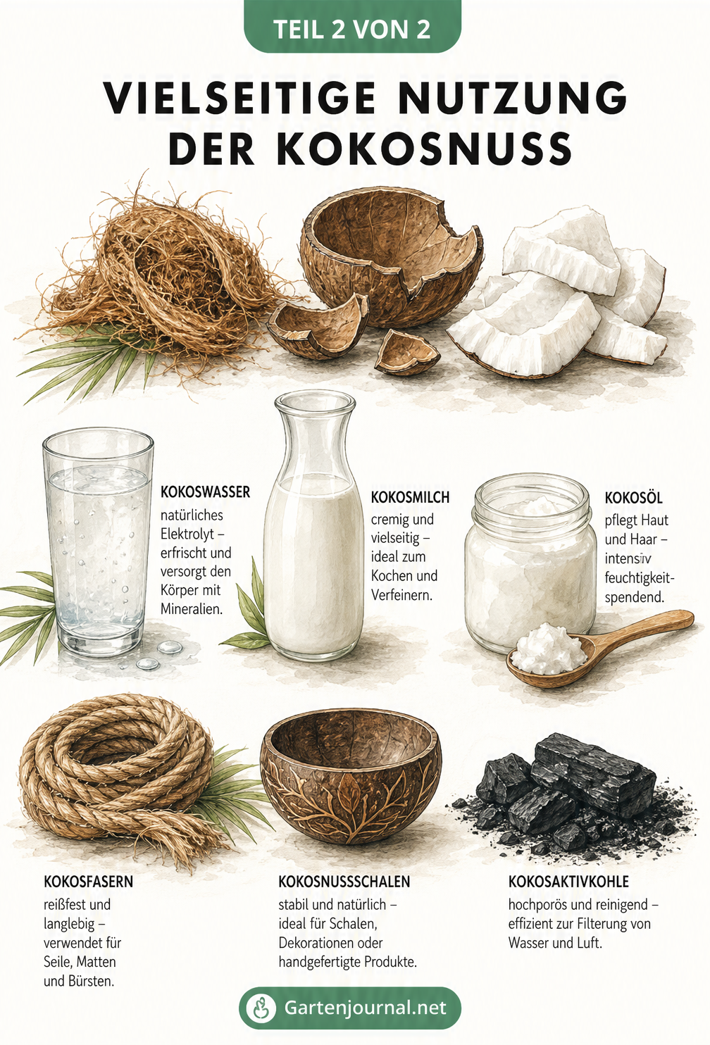 Illustration der vielseitigen Nutzung der Kokosnuss: Kokoswasser, Kokosmilch, Kokosöl, Seile und Aktivkohle