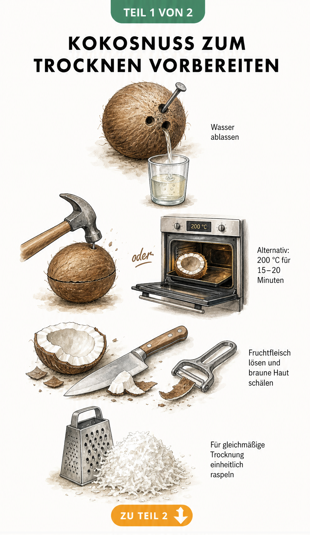 Illustration zur Vorbereitung einer Kokosnuss zum Trocknen: Wasser ablassen, öffnen, Fruchtfleisch lösen und raspeln.