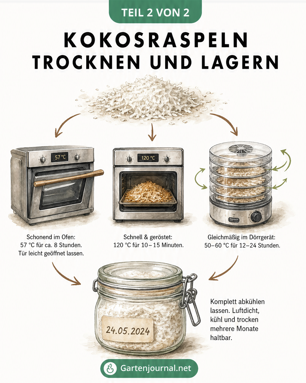 Illustration zu drei Methoden, Kokosraspeln zu trocknen: schonend im Ofen, schnell geröstet oder im Dörrgerät, inklusive Lagerung im Bügelglas.