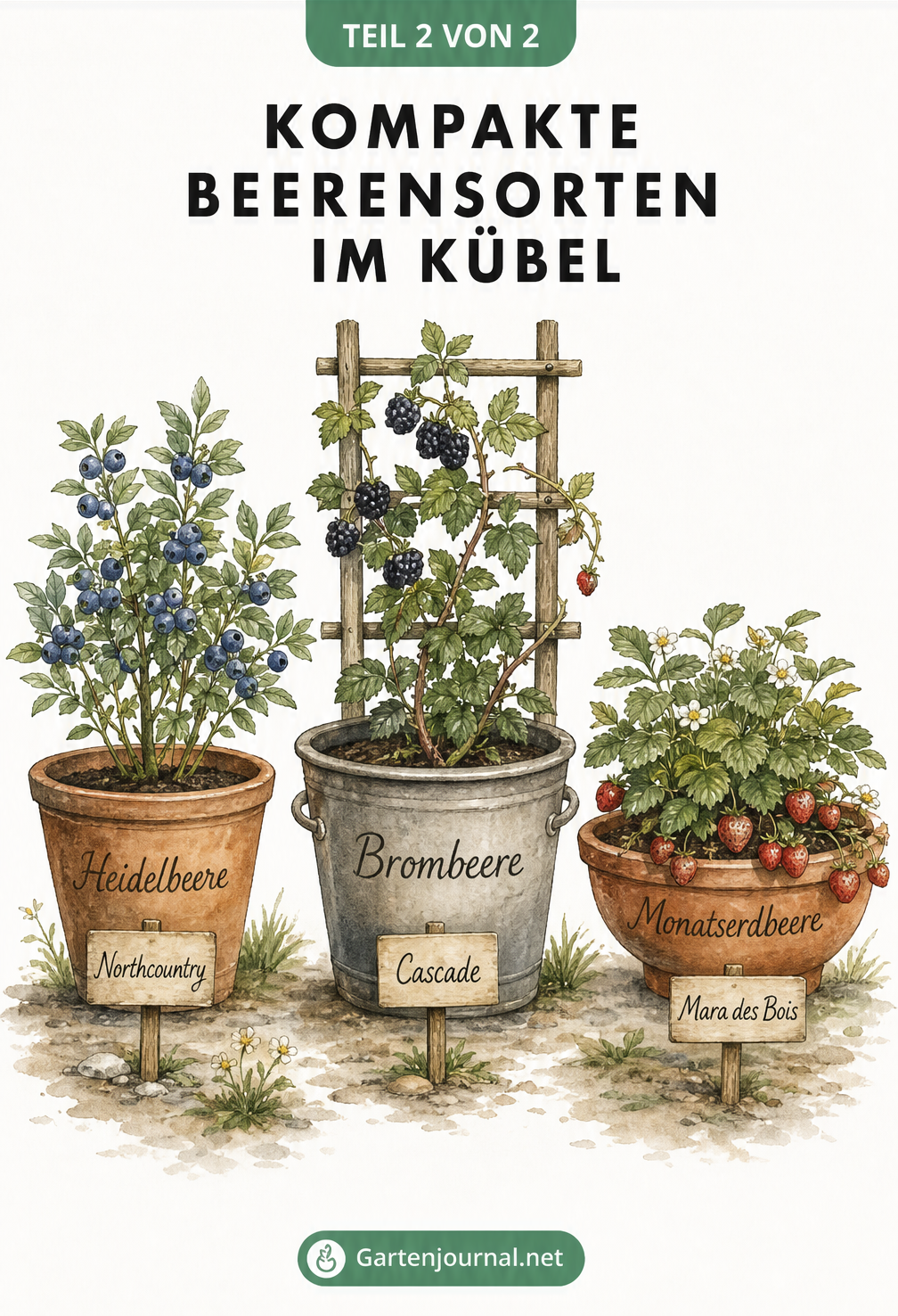 Illustration von Heidelbeere, Brombeere und Monatserdbeere in verschiedenen Pflanzgefäßen
