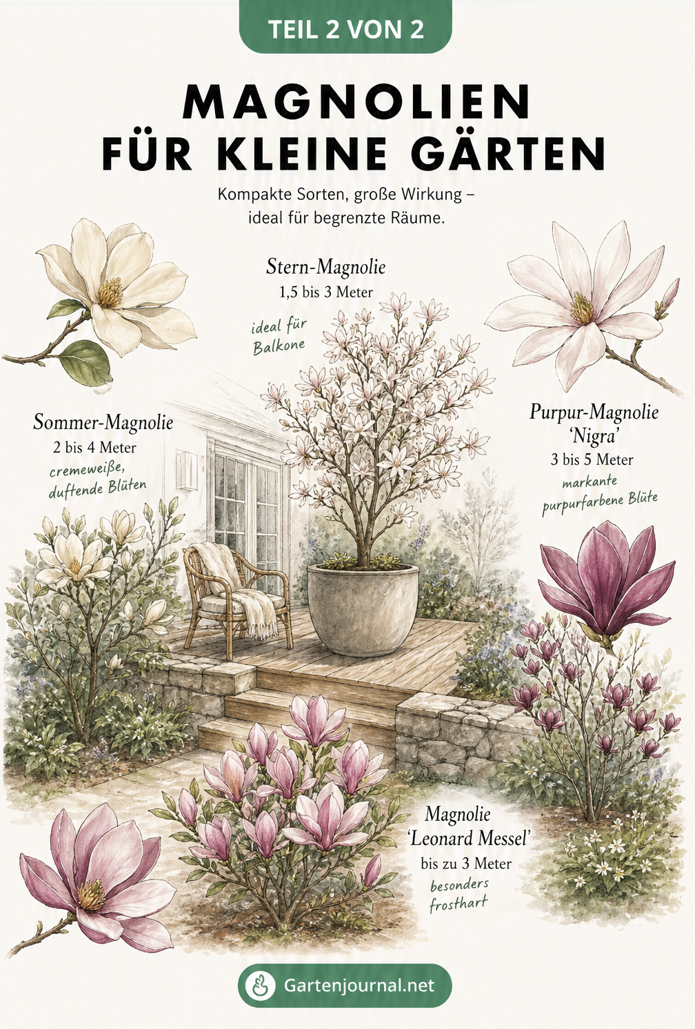 Illustration einer Gartenszene mit Holzterrasse und vier kompakten Magnoliensorten für kleine Gärten.