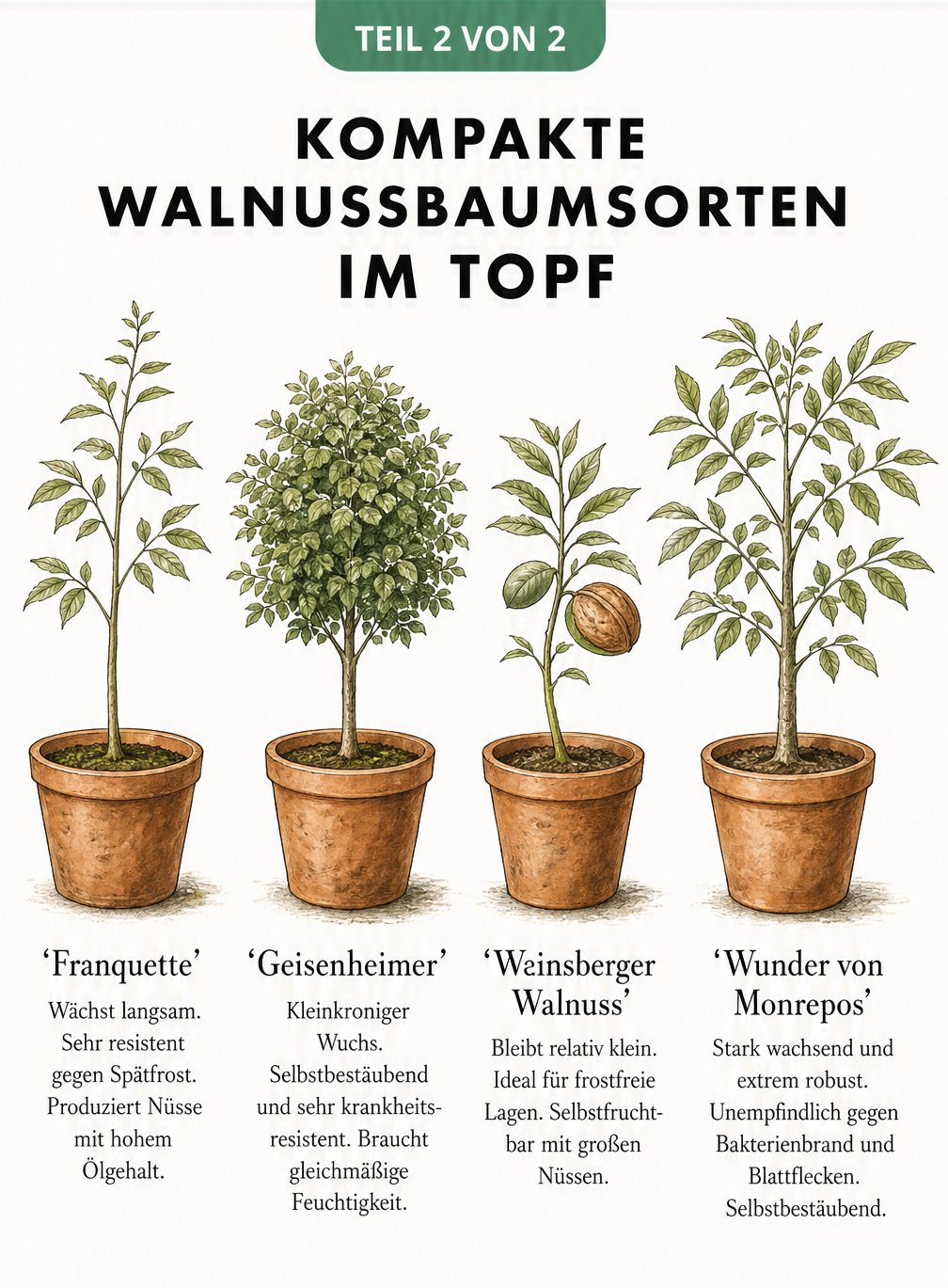 Illustration von vier kompakten Walnussbaumsorten im Topf: Franquette, Geisenheimer, Weinsberger Walnuss und Wunder von Monrepos