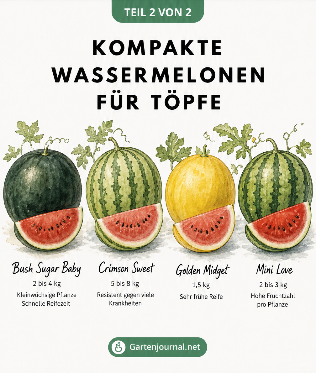 Vier kompakte Wassermelonensorten für den Topfanbau im Vergleich