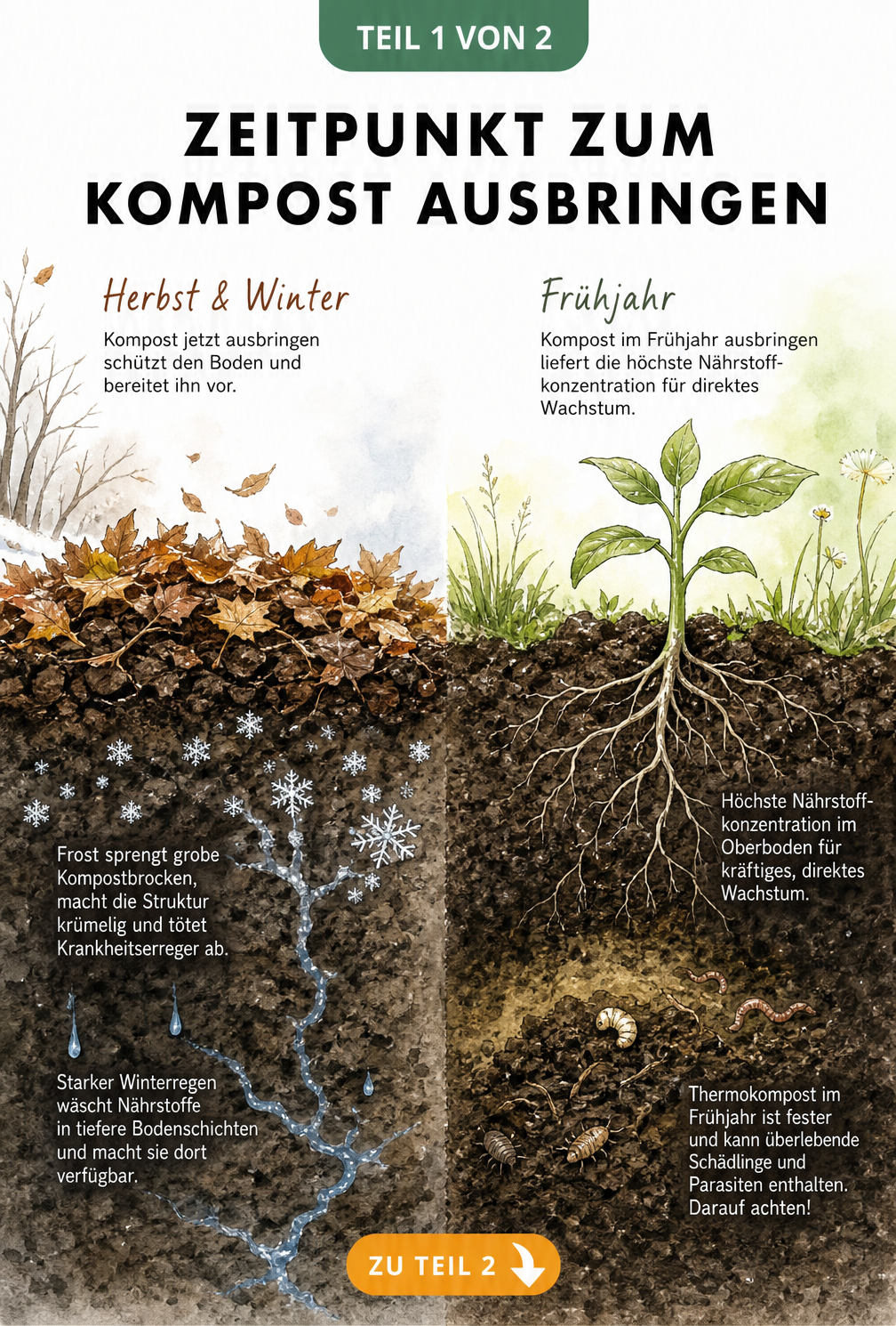 Querschnitt eines Gartenbeets im Herbst und Frühjahr, der die Auswirkungen von Frost und Nährstoffkonzentration auf Kompost zeigt