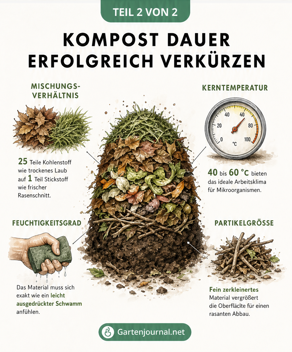 Illustration eines Komposthaufens mit Detailansichten zu Mischungsverhältnis, Kerntemperatur, Feuchtigkeitsgrad und Partikelgröße