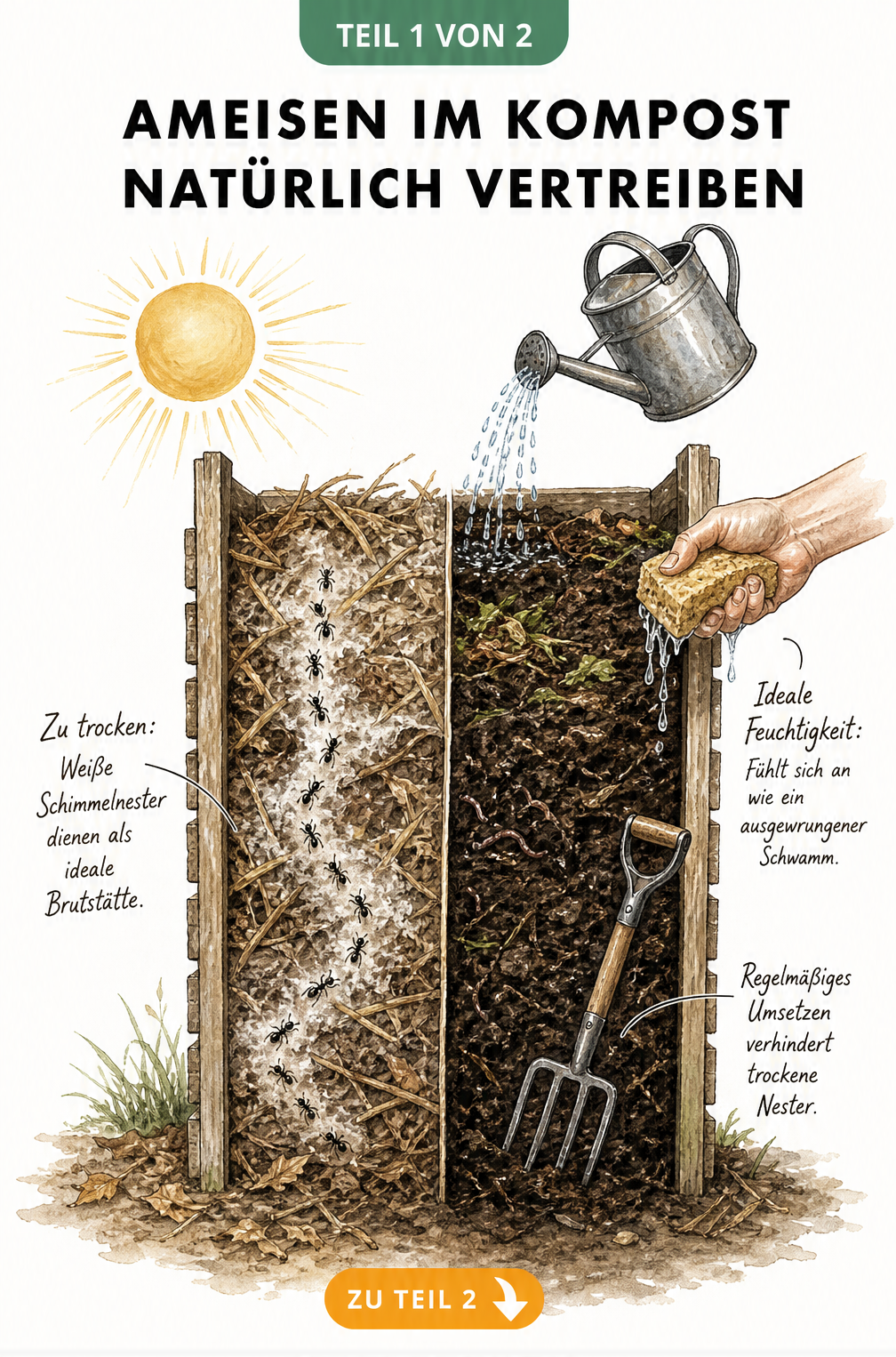 Illustration eines Komposters im Querschnitt, der links zu trockene Erde mit Ameisen und rechts ideal feuchte Erde zeigt.