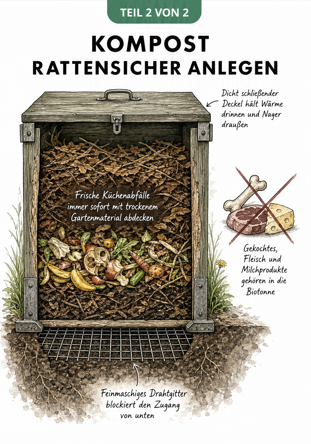 Schnittzeichnung eines geschlossenen Komposters mit Drahtgitter am Boden, dichtem Deckel und korrekter Schichtung von Küchenabfällen und Laub