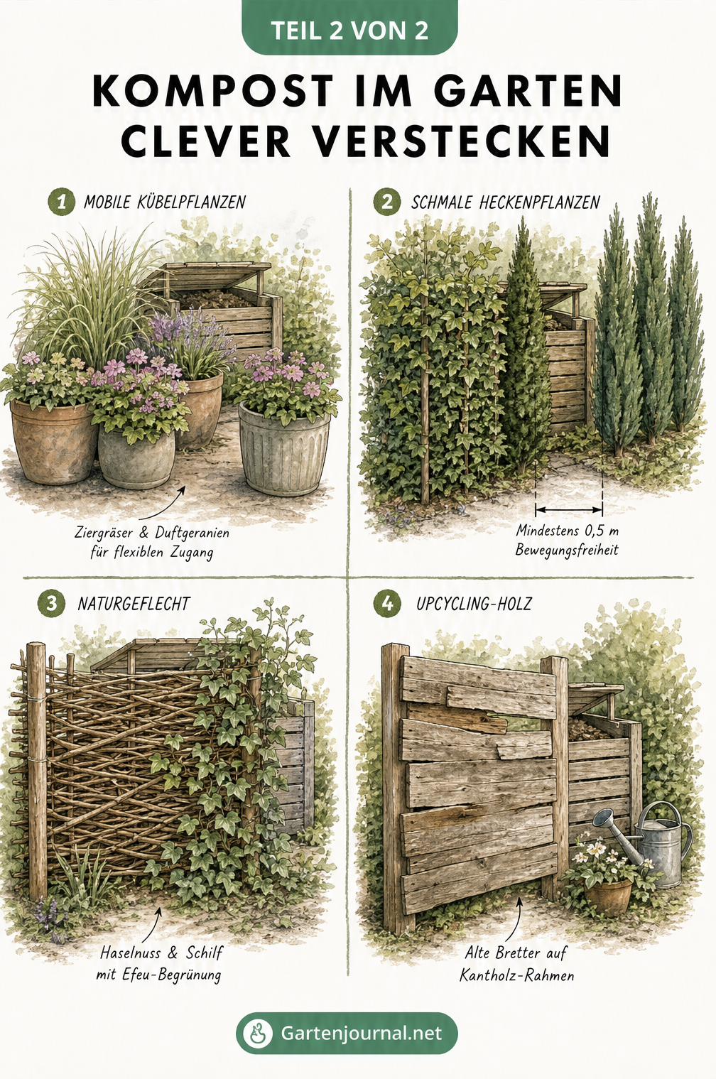 Vier Illustrationen zeigen verschiedene Sichtschutz-Ideen für den Kompost: Kübelpflanzen, schmale Hecken, Naturgeflecht und Upcycling-Holz