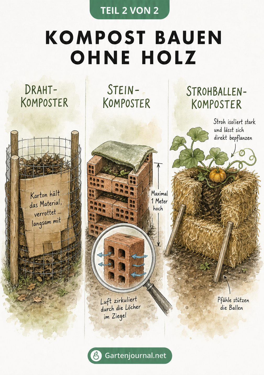 Drei Alternativen zum Holz-Komposter: Draht-Komposter, Stein-Komposter und Strohballen-Komposter