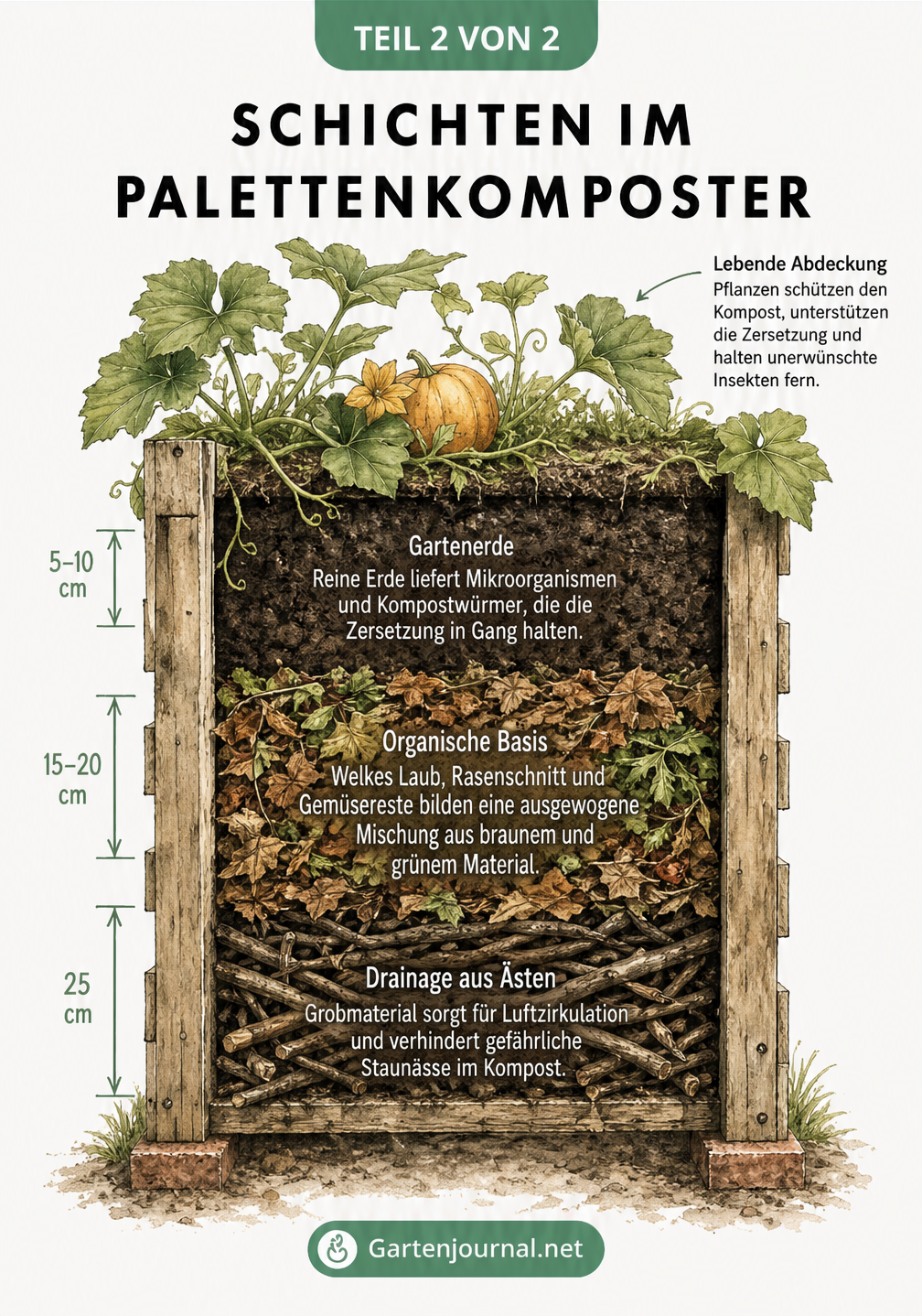 Querschnitt durch einen befüllten Palettenkomposter mit Schichten aus Ästen, Blättern, Rasenschnitt und Gartenerde sowie einer Kürbispflanze