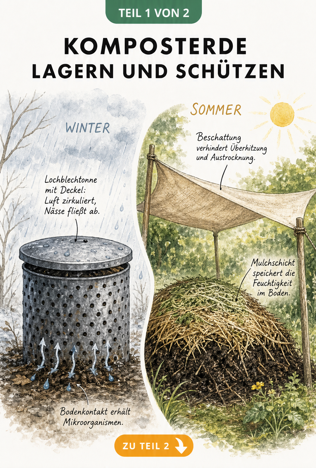 Illustration einer Lochblechtonne im Winter und eines offenen Komposthaufens mit Mulchschicht und Sonnensegel im Sommer