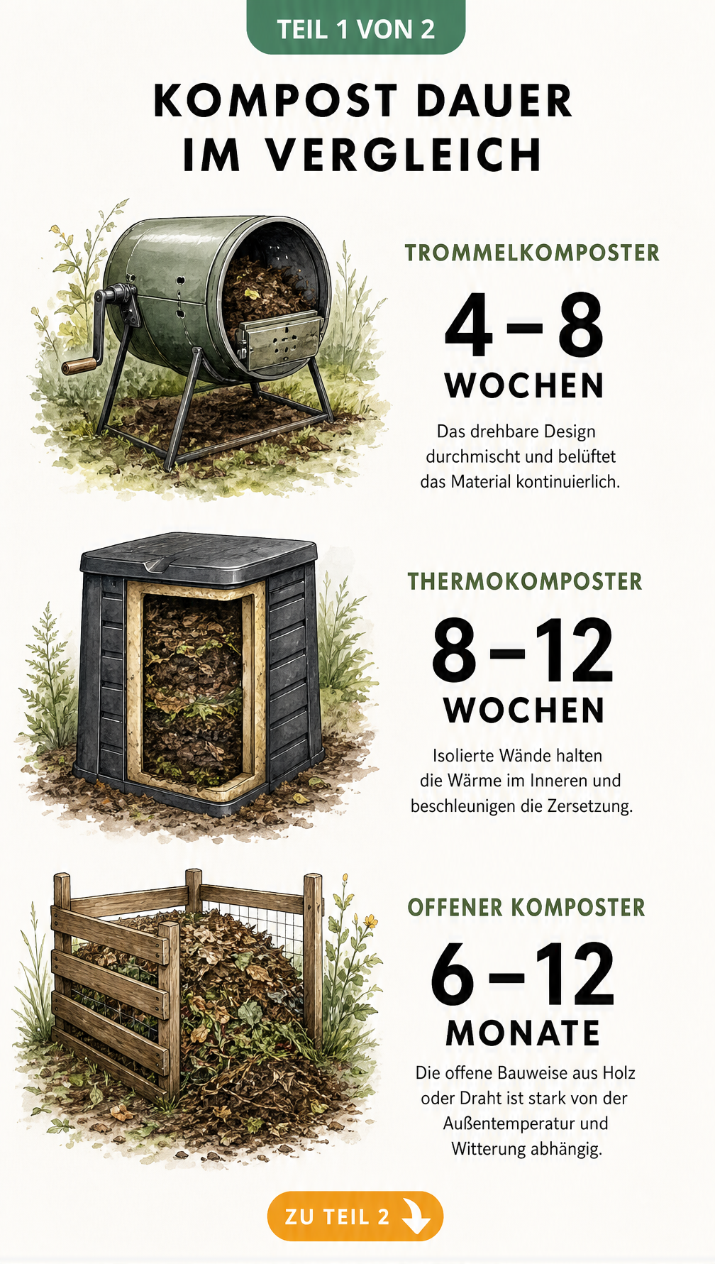Illustration verschiedener Kompostertypen wie Trommelkomposter, Thermokomposter und offener Komposter mit Angabe der jeweiligen Kompost-Dauer