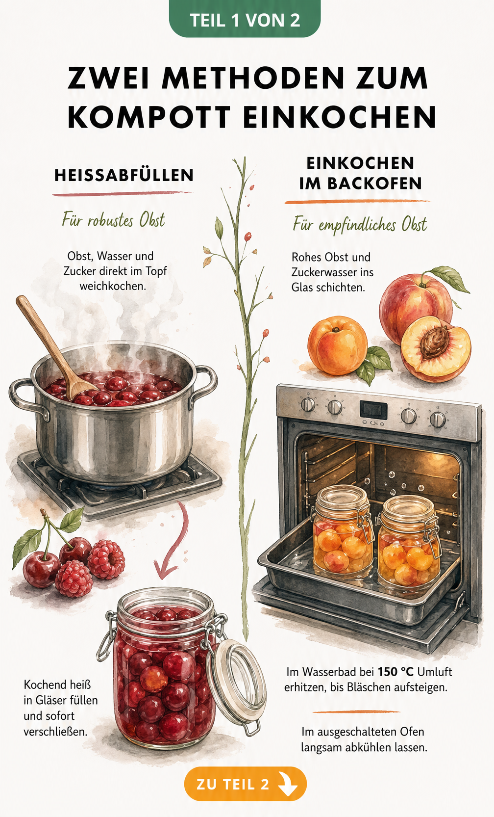 Illustration von zwei Methoden zum Kompott einkochen: Heißabfüllen im Topf und Einkochen im Backofen