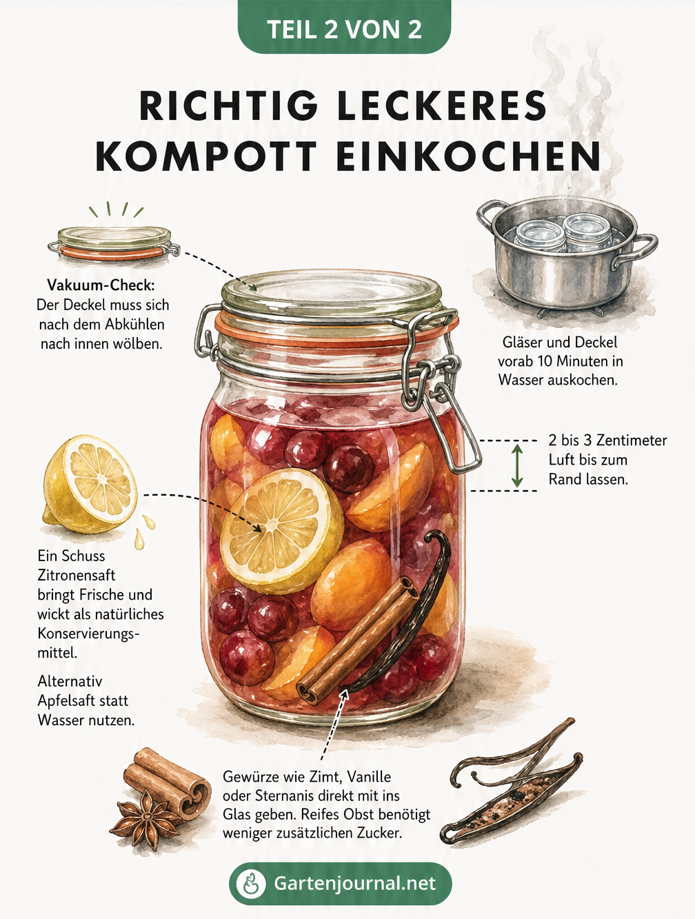 Illustration eines Einmachglases mit Kompott, das Tipps zu Vakuum, Füllstand und Gewürzen zeigt