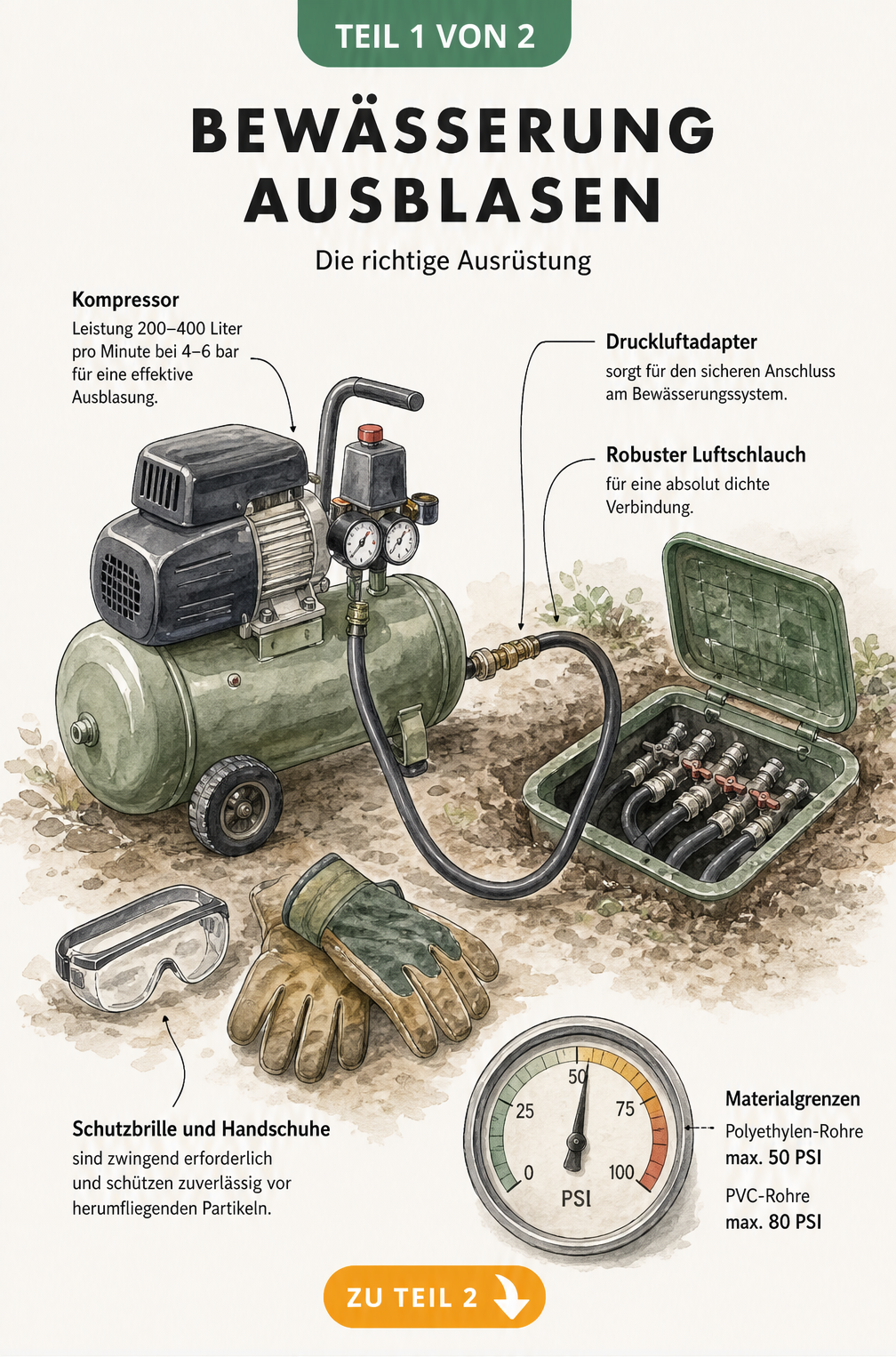Illustration eines Luftkompressors mit Schlauch und Manometer zum Ausblasen einer Gartenbewässerung