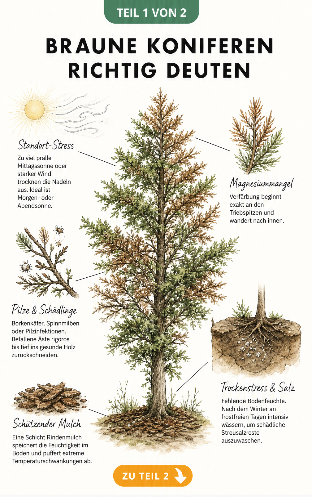 Botanische Illustration einer Konifere mit braunen Verfärbungen, die Ursachen wie Standort-Stress, Magnesiummangel, Pilze, Schädlinge und Trockenstress zeigt.