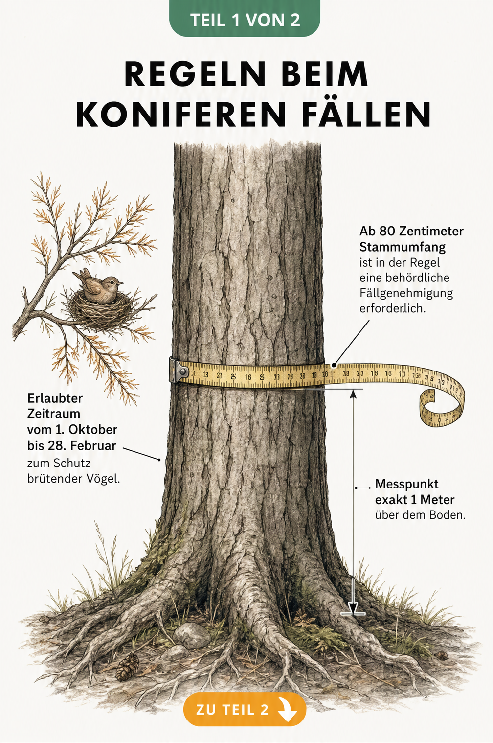 Illustration eines Koniferenstamms mit Maßband und Ast, die den Fällzeitraum und die Baumschutzverordnung erklären