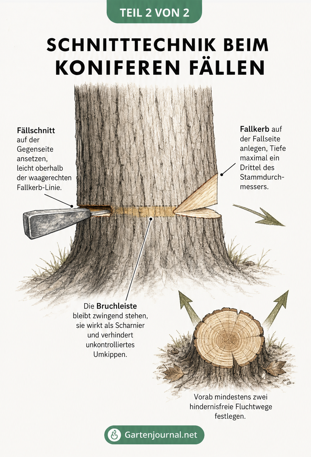 Skizze eines Baumstamms, die Fallkerb, Fällschnitt, Bruchleiste und Fluchtwege beim Fällen zeigt