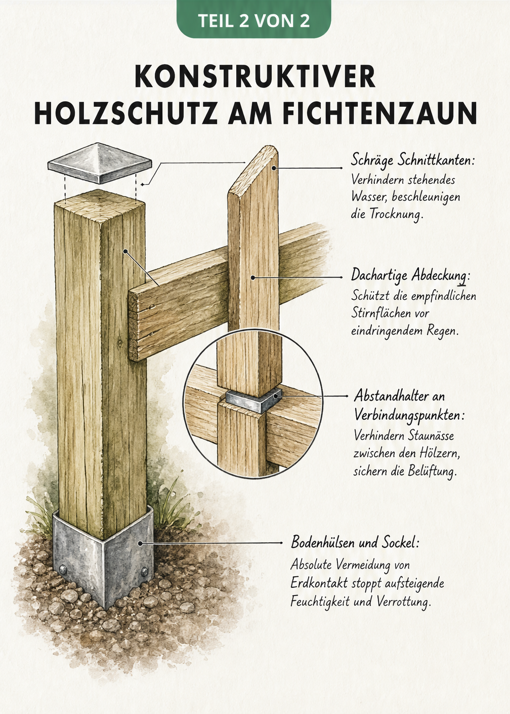 Architekturskizze eines Zaunelements, die konstruktiven Holzschutz wie schräge Schnittkanten, Metallkappen, Abstandhalter und Bodenhülsen zeigt.