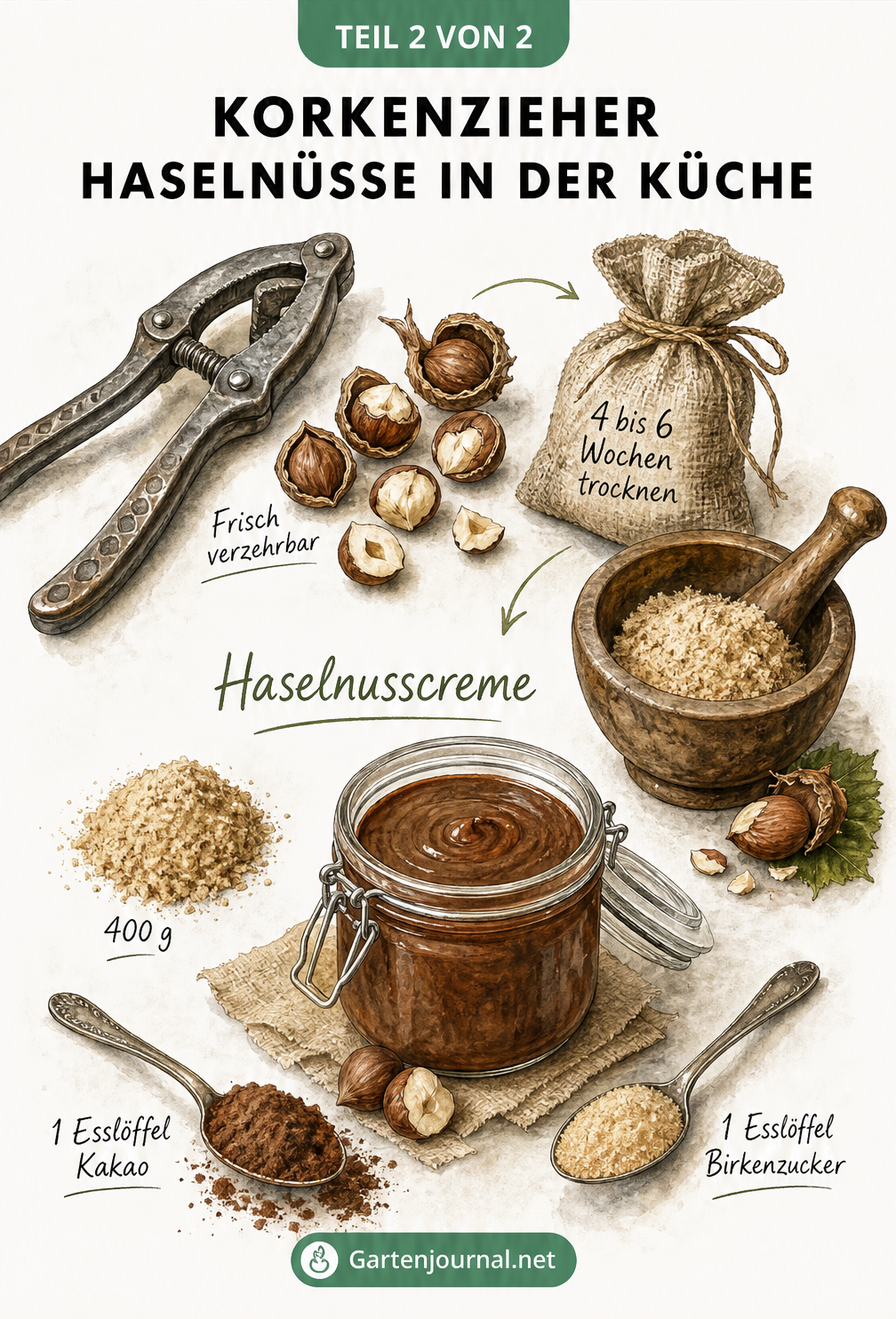 Illustration einer Küchenarbeitsplatte mit frisch geknackten Korkenzieherhaselnüssen, einem Nussknacker und Zutaten für eine Haselnusscreme.