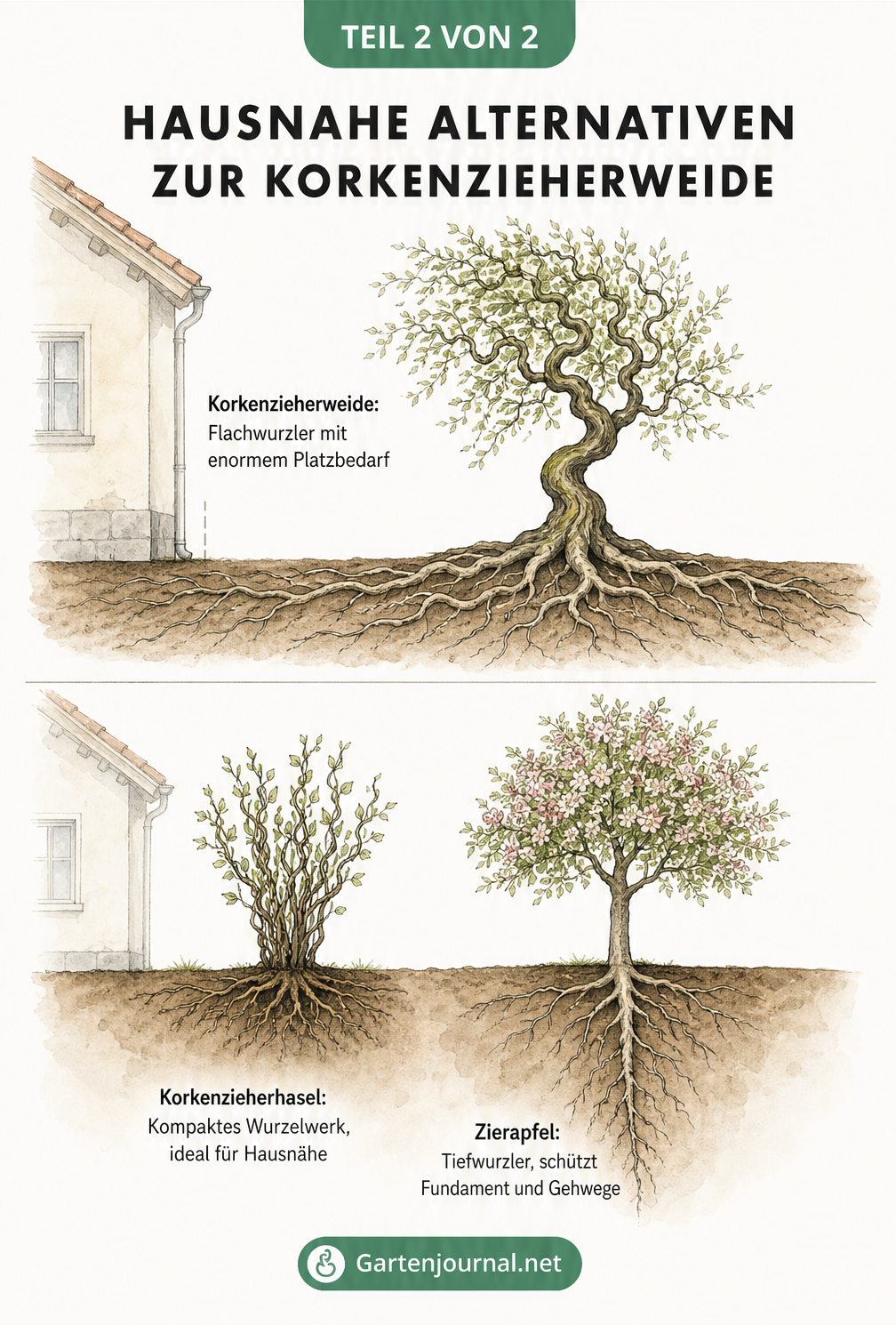 Vergleich der Wurzeln von Korkenzieherweide, Korkenzieherhasel und Zierapfel in Hausnähe.