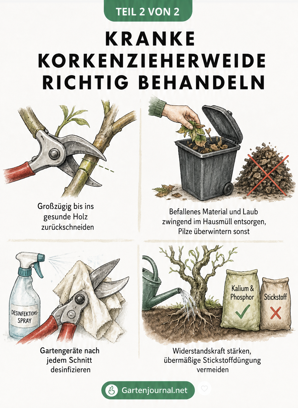 Illustration zur Behandlung einer kranken Korkenzieherweide: Rückschnitt ins gesunde Holz, Entsorgung im Hausmüll, Desinfektion der Gartenschere und Düngung...