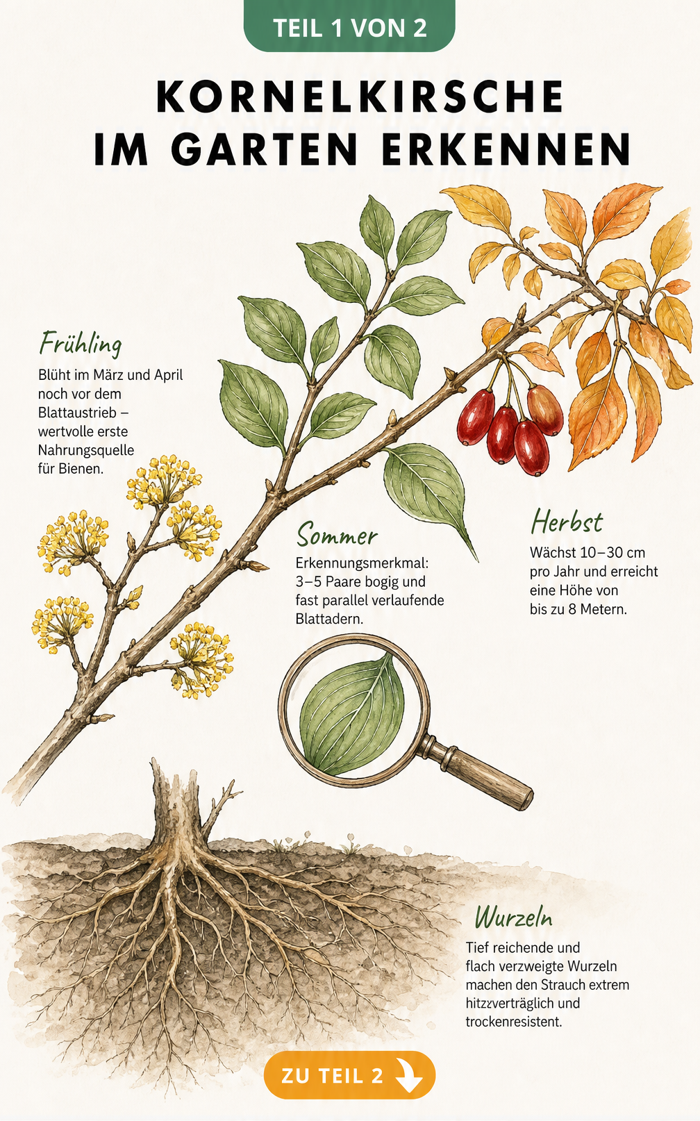 Botanische Illustration der Kornelkirsche mit Blüten, Blättern, Wurzeln und Früchten im Jahresverlauf