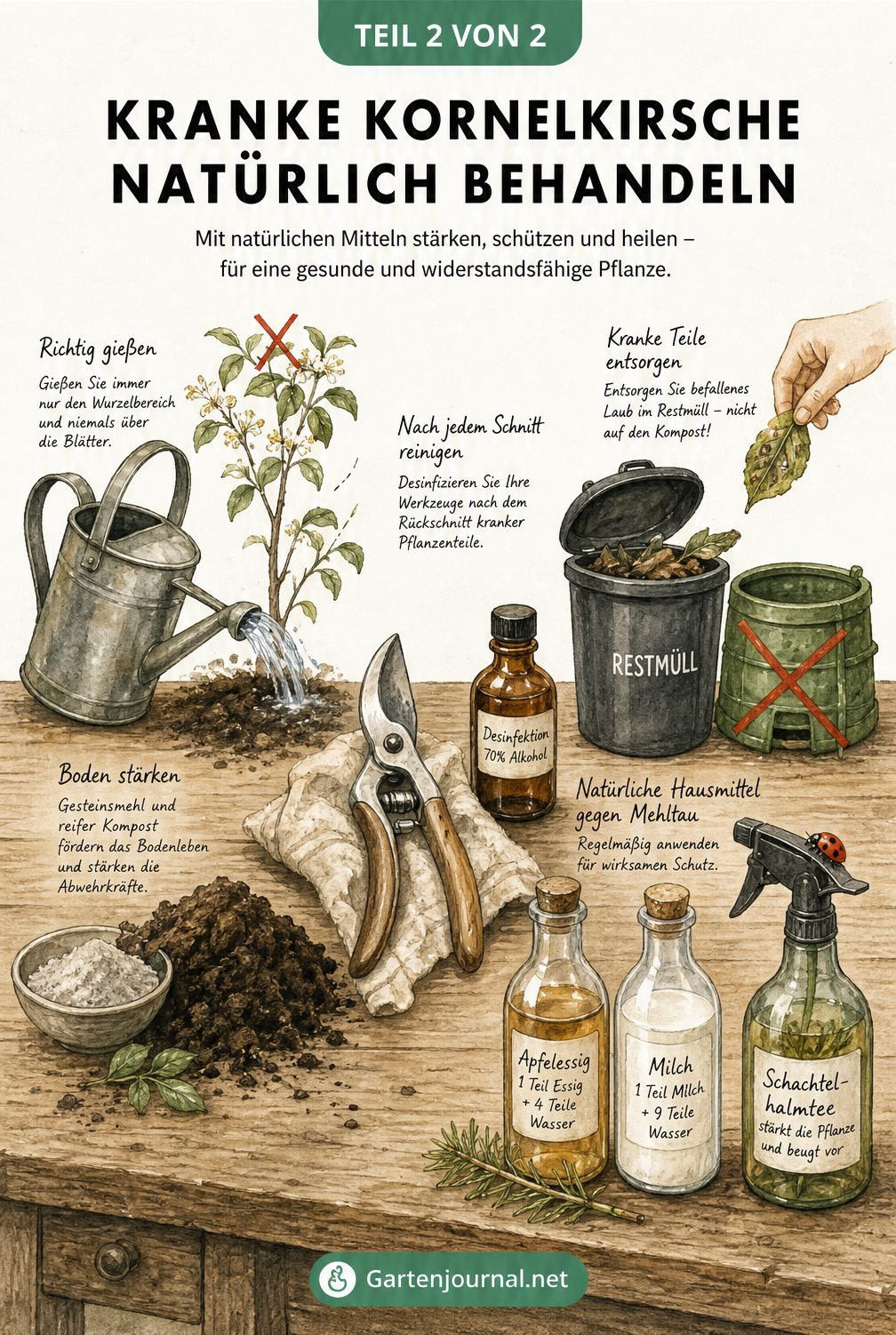 Illustration einer Gartenwerkbank mit Gießkanne, Gartenschere, Desinfektionsmittel, Hausmitteln gegen Mehltau und einer Restmülltonne für kranke Blätter