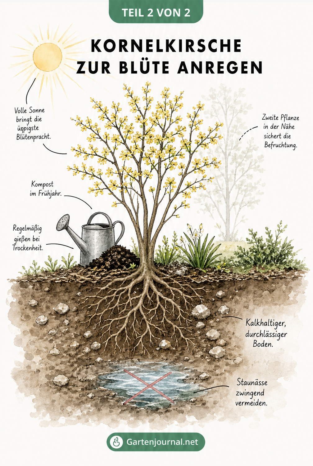 Illustration einer Kornelkirsche im Gartenbeet mit Tipps zu Standort, Boden, Gießen und Düngen für eine reiche Blüte.