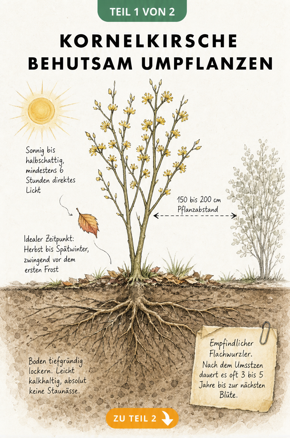 Botanische Illustration einer Kornelkirsche mit oberirdischem und unterirdischem Bereich, die Standortbedingungen, Pflanzabstand und Wurzelstruktur zeigt.