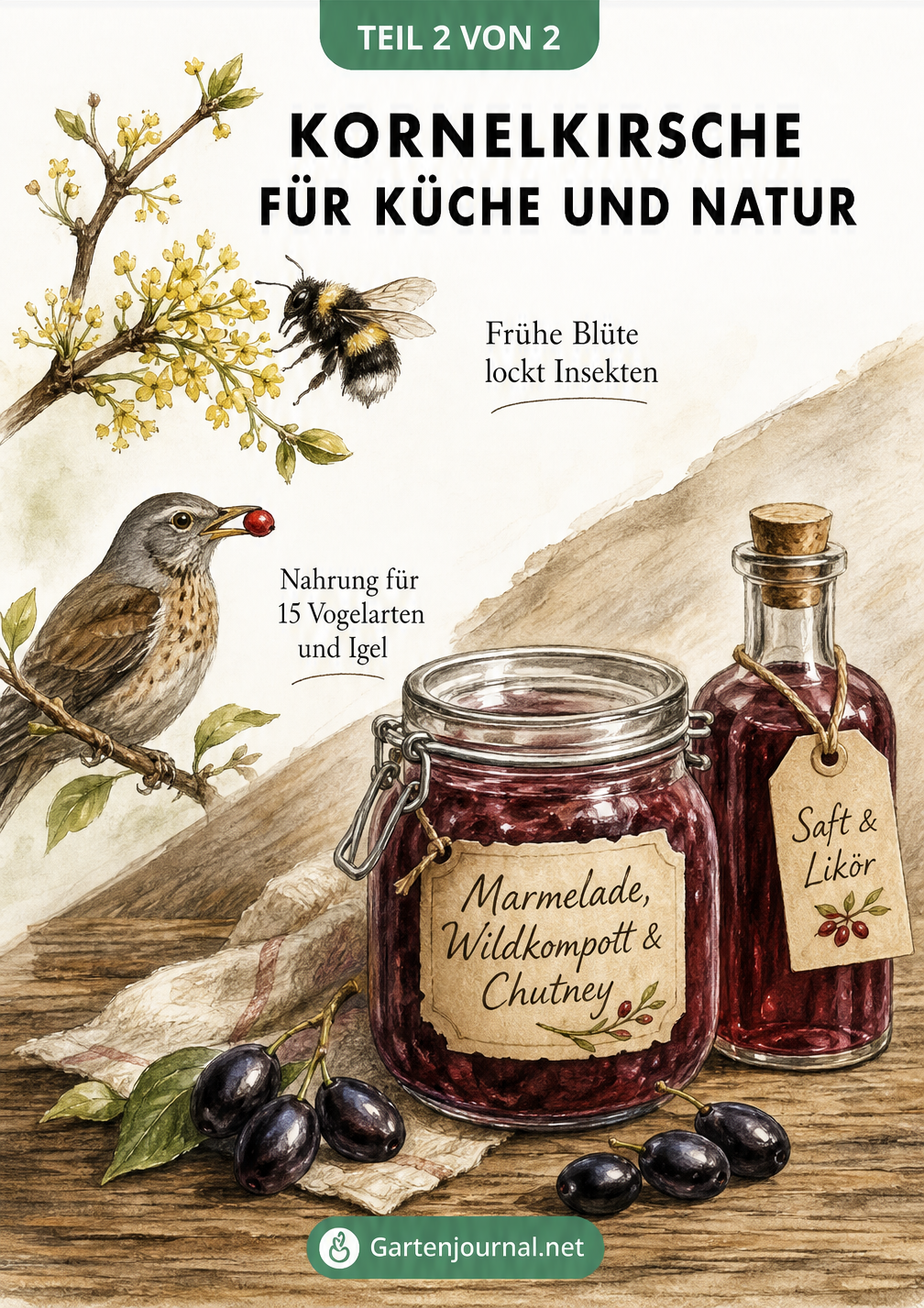 Illustration zur Nutzung der Kornelkirsche in der Natur durch Vögel und Insekten sowie in der Küche als Marmelade und Saft
