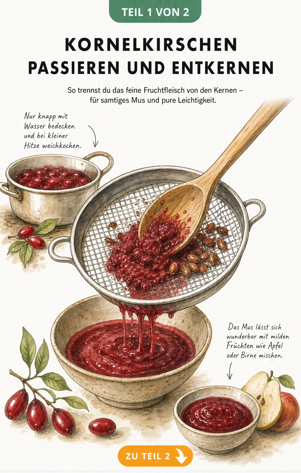 Illustration eines Metallsiebs, durch das weichgekochte Kornelkirschen mit einem Kochlöffel passiert werden, um die Kerne zu trennen.