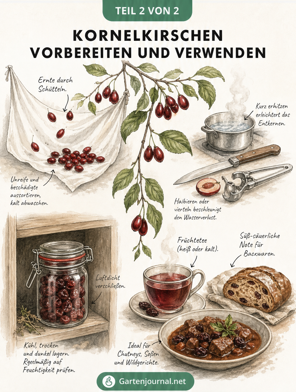 Illustration zur Vorbereitung und Verwendung von Kornelkirschen: Ernte, Entkernen, Lagerung im Einmachglas und Verwendung als Tee oder im Gulasch.