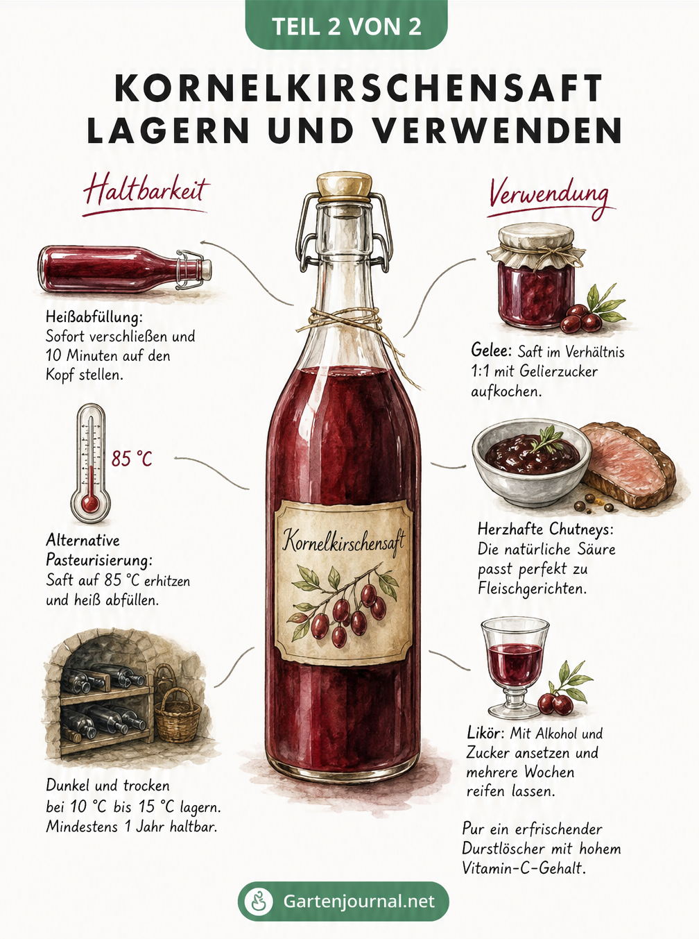 Illustration zur Lagerung und Verwendung von Kornelkirschensaft, inklusive Haltbarkeit und Rezeptideen wie Gelee und Likör.