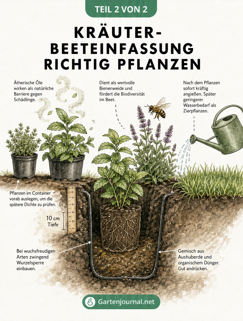 Schnittzeichnung eines Beetrandes, die zeigt, wie man eine Kräuter-Beeteinfassung richtig pflanzt, inklusive Wurzelsperre und Erdmischung.